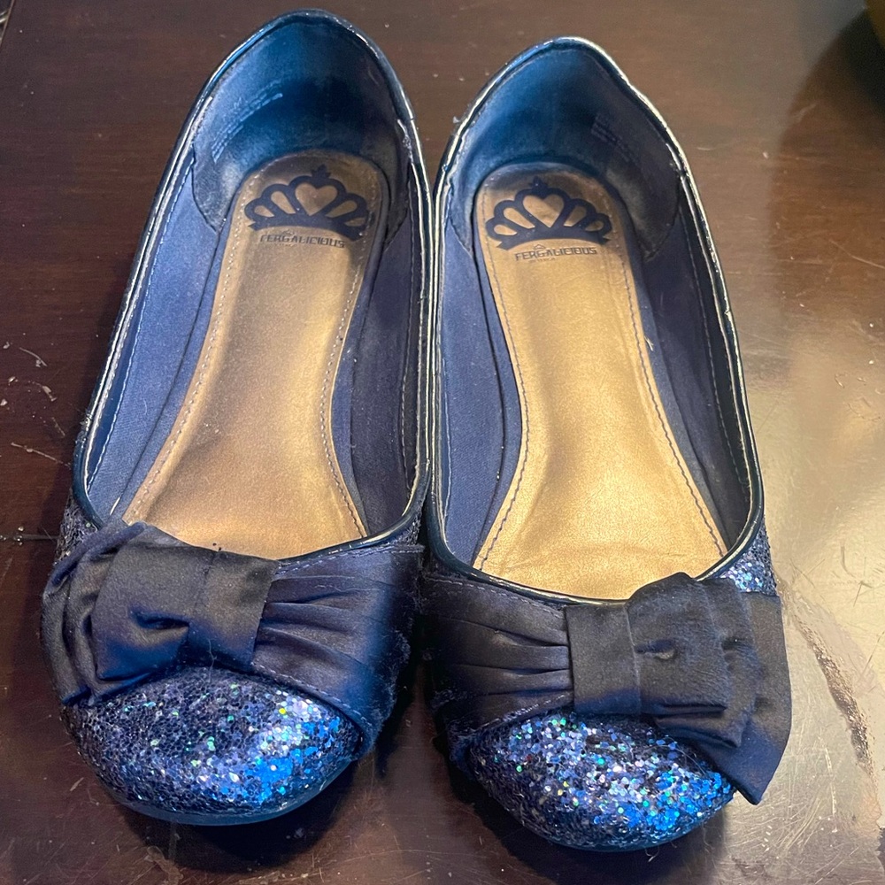Fergilicous navy blue sparkle flats with satin bow.